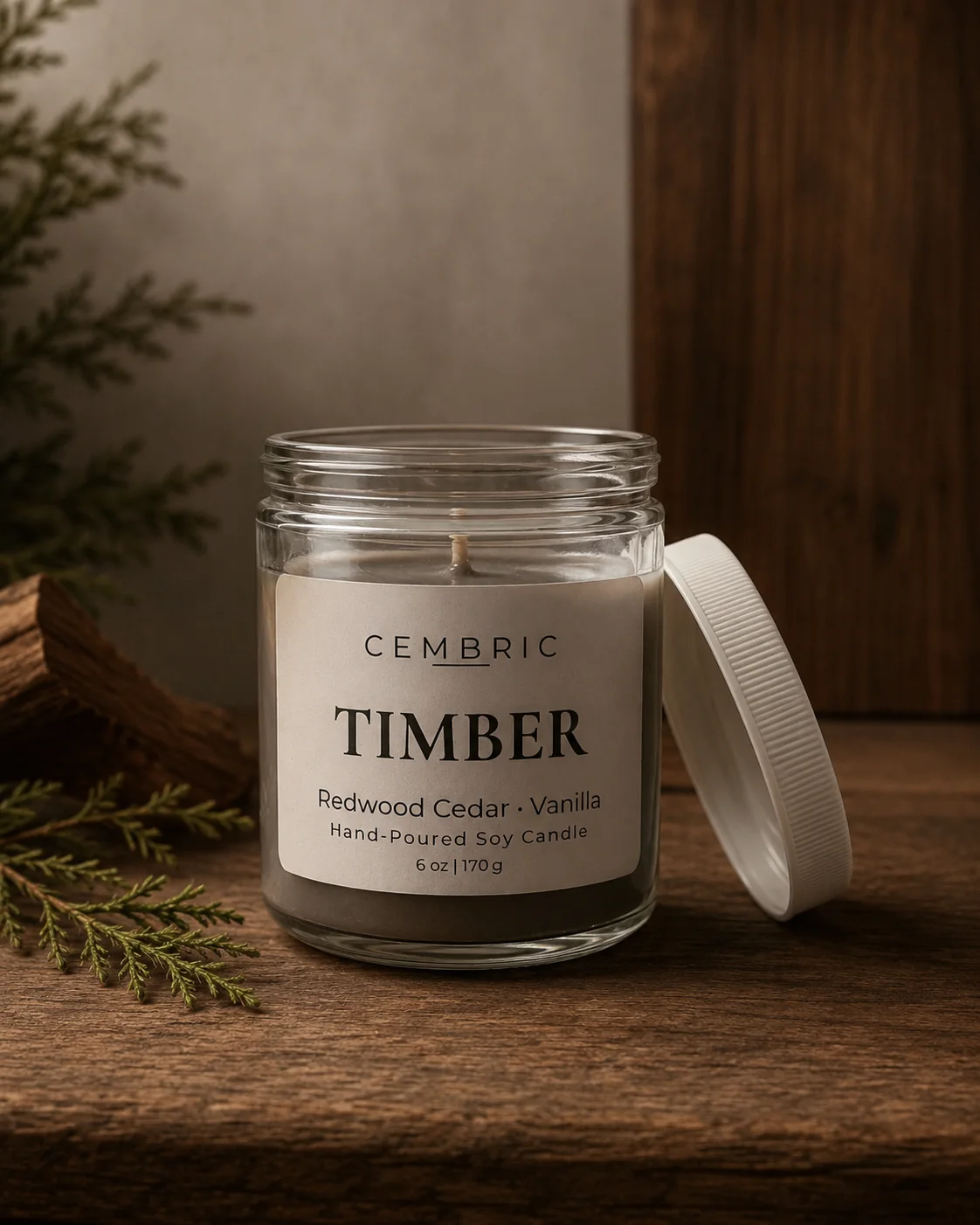 TIMBER candle in a clear glass jar with redwood cedar and vanilla scent notes
