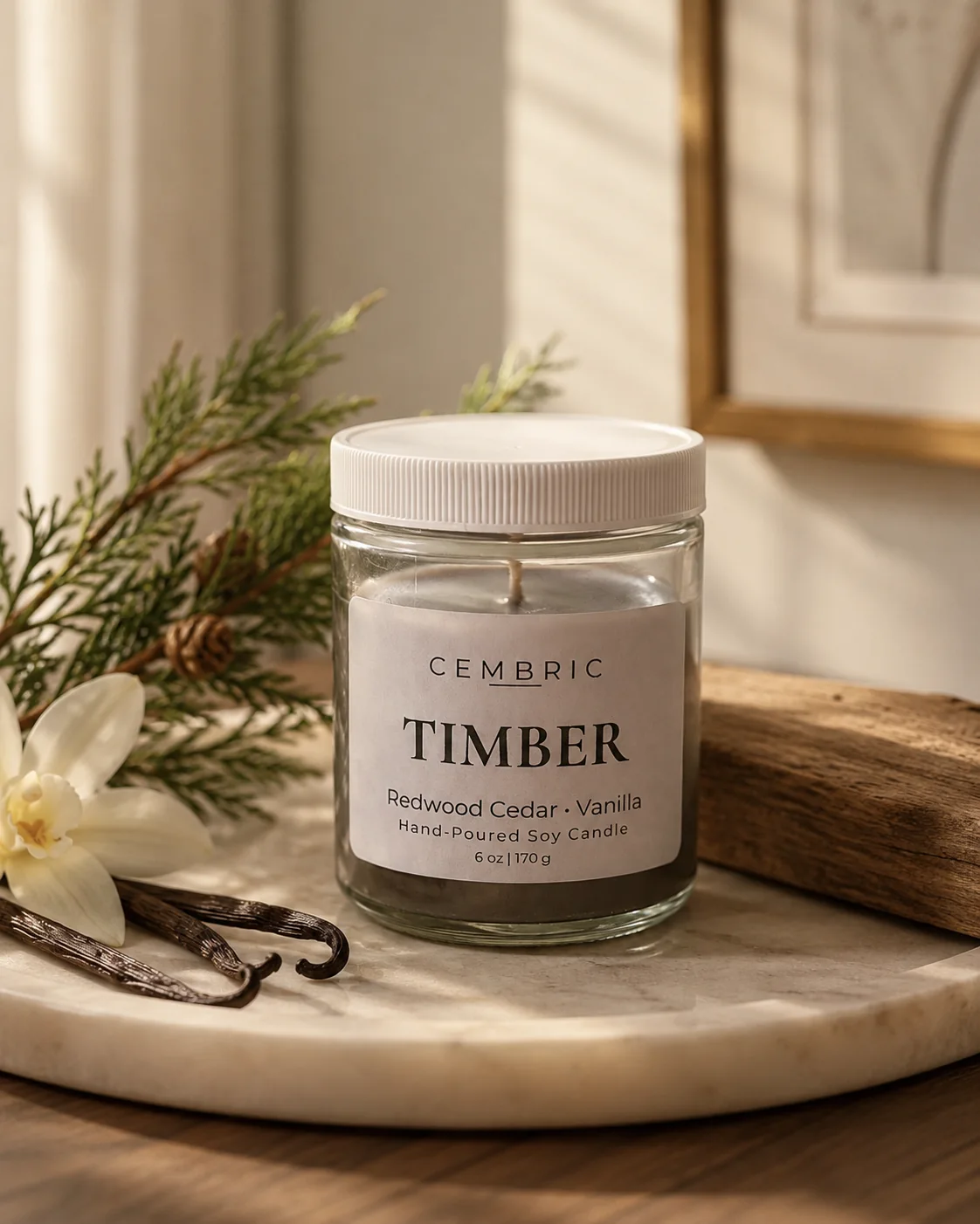 TIMBER candle styled with redwood and vanilla details